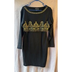 Vtg Carole Little Black‎ Gold Beaded Embroidered Sweater Dress Wool Blend PM
